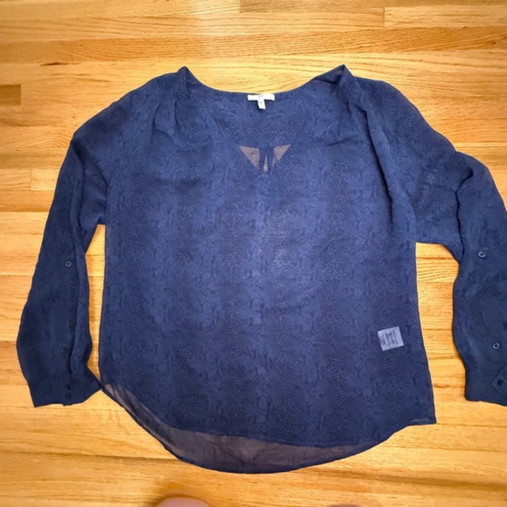 Joie Navy 100% Silk Blouse Large | Sheer Snakeskin Print Long Sleeve Top‎